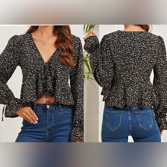 Shein Womens Allover Print V-neck Crop Top Size 6 M Tie front Long Bell Sleeve - Picture 1 of 10